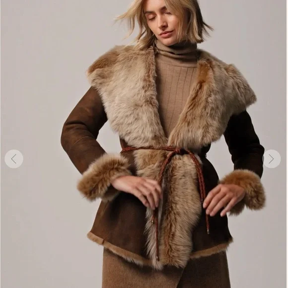 Overland Natasha Hooded Toscana Sheepskin Brown Leather and Fur Coat Small - Picture 5 of 11